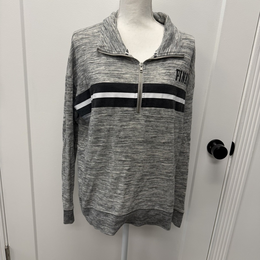 Victoria's Secret PINK Gray Heather Quarter Zip Pullover Black White Stripe Med